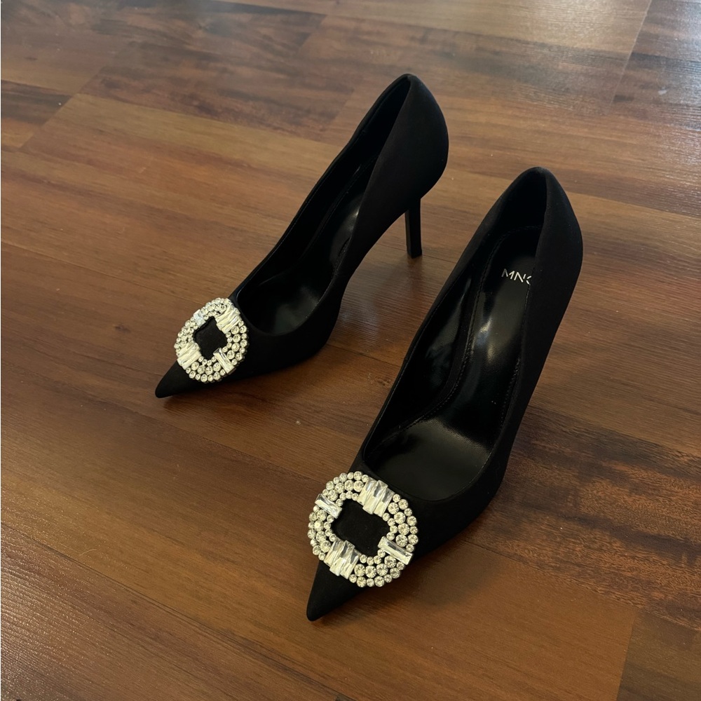 Black Rhinestone Buckle Pointed Toe Pumps